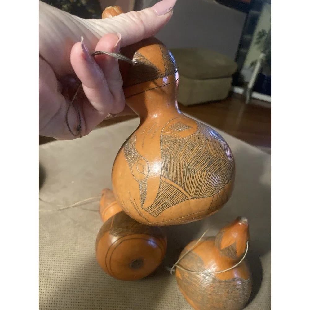 3 Peruvian Folk Art Hand Carved Gourd Ornaments Animal Etching Fish Horse Vintag